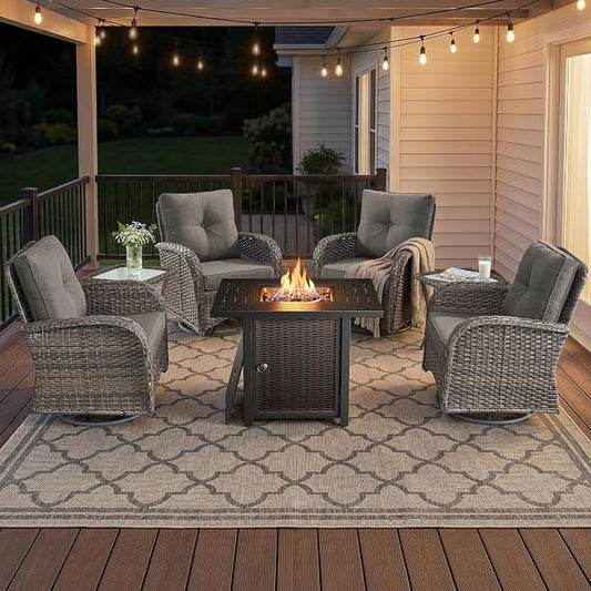 7 Piece Patio Furniture Set with Fire Pit Table - Wicker Patio Conversation Set with 4 Swivel Glider Chairs and 2 Tempered Glass Side Tables for Deck Backyard - Brown Wicker Grey Cushion