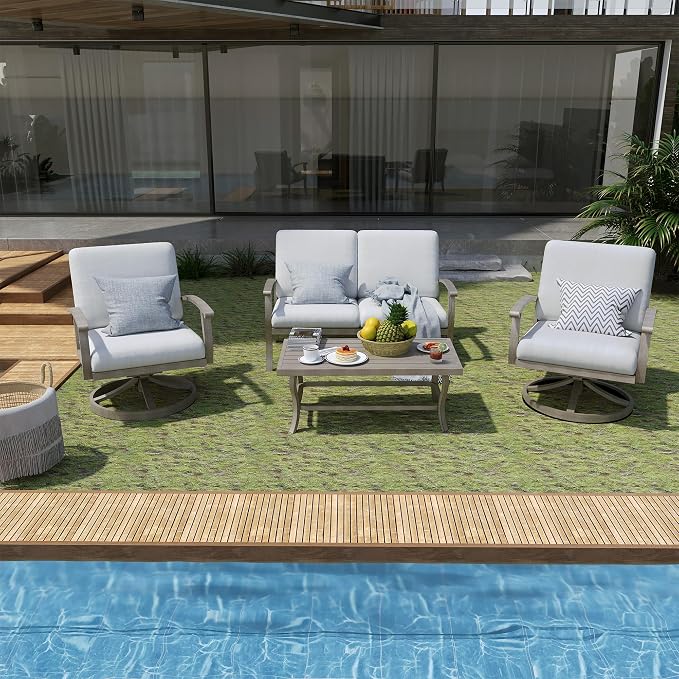 HAPPATIO 4 Piece Aluminum Patio Furniture Set, 4-Person Outdoor Swivel Chairs and Loveseat, All-Weather Outdoor Sectional Sofa with Comfortable Cushions and Coffee Table(Gray)