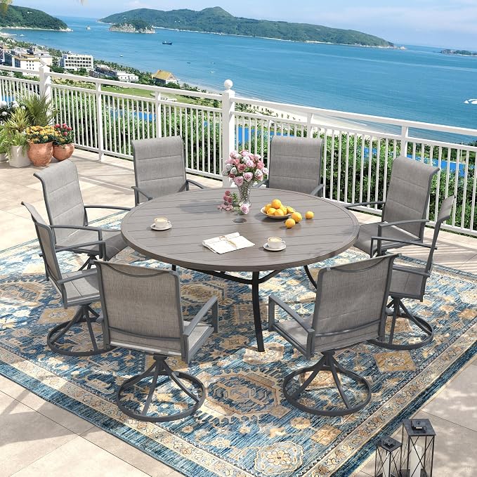 Outdoor Dining Set for 8, 60" Outdoor Dining Table with Umbrella Hole and Padded Textilene Patio Swivel Chairs, 9 Pieces Patio Table and Chairs Set for Garden Backyard, Grey