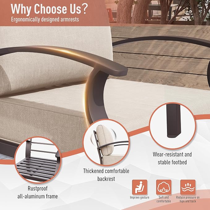 Kurapika Aluminum Patio Furniture Set 10-Seat Modern Metal Outdoor Conversation Sets w/Swivel Rocking Chairs Patio Sectional Sofa w/5.1 Inch Cushion, Sand