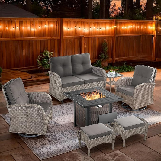 7 Piece Patio Furniture Set with Fire Pit Table - Wicker Patio Conversation Set with Swivel Glider, Glider Loveseat, Side Table and 2 Ottomans for Deck Backyard - Grey Wicker Grey Cushion