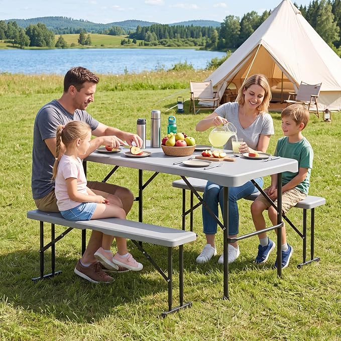 Giantex Folding Picnic Table Set w/ 2 Benches, 44" HDPE, Gray | Foldable Table & Chairs, All Weather Resistant, Space-Saving & Portable for Camping Party Dining BBQ, Large Weight Capacity