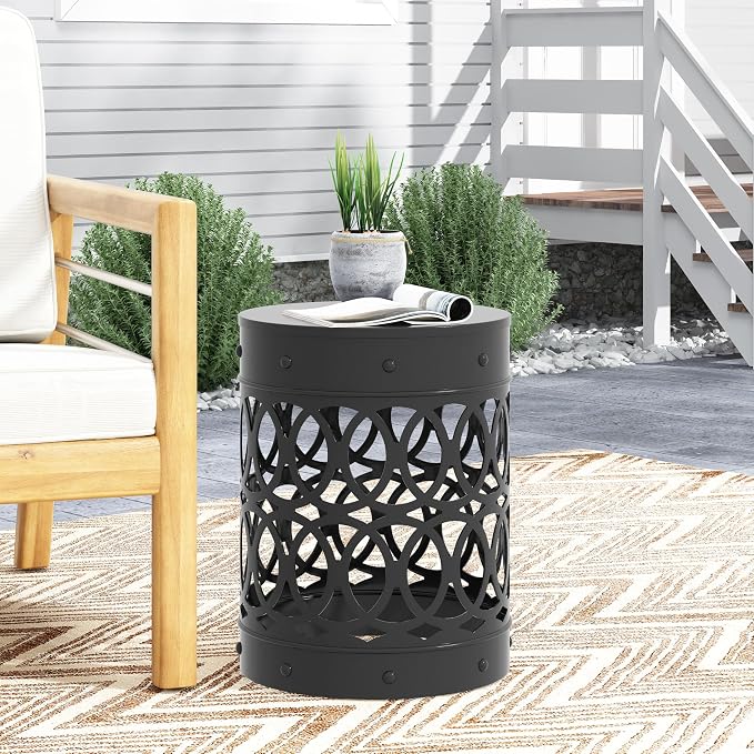 Outdoor Round Metal End Table Cut Out Design, Metal Round Patio Table Garden Stool Side Tables for Indoor Outdoor (Black)