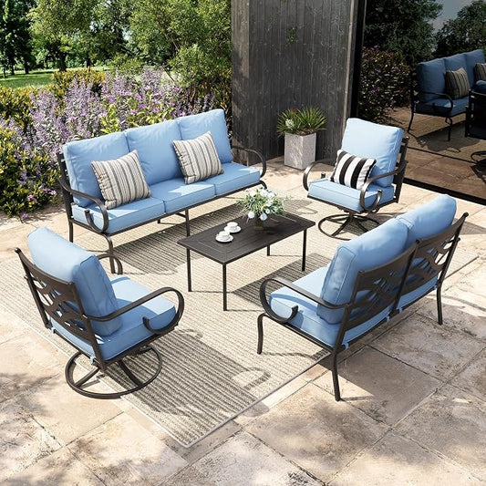 Sophia & William Patio Conversation Set for 7, a Loveseat, 3-Seater Sofa, 2 Swivel Chairs and a Coffee Table, Metal Outdoor Furniture with 5.75" Extra Thick Cushions, Blue
