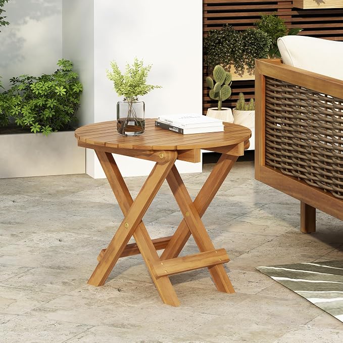 GDFStudio 15" H Folding Patio End Table Accent Table Small Round Sofa Coffee Acacia Wood Lightweight Side Tables with Slat Panel Cross Leg for Living Room Bedroom Balcony Office Outdoor Space, Teak