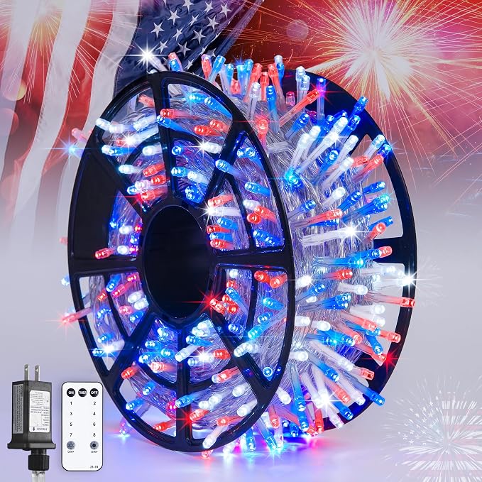 JMEXSUSS 600 LED Red White and Blue Lights Outdoor,4th of July Decor Lights | 168Ft Fourth of July Lights for Memorial Day Patriotic American Indoor Holiday Tree Party Independence Christmas Decor