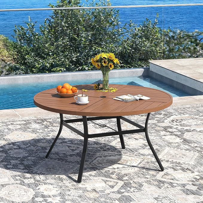 DIFY 7 Piece Outdoor Patio Dining Set for 6, 50" Round Dining Table with Umbrella Hole and Stackable Metal Chairs, Patio Table and Chairs Set for Backyard Garden Poolside, Walnut & Black