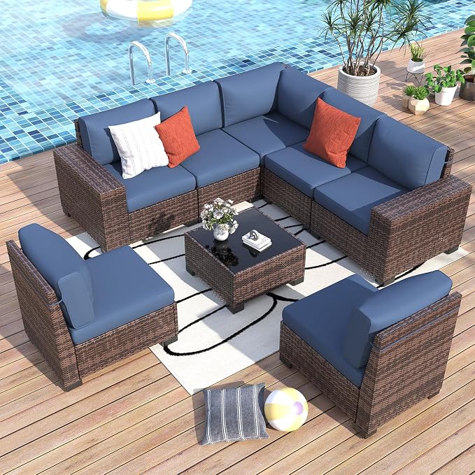 Outdoor Patio Furniture Set, Wide Outdoor Sectional Rattan Sofa Set, Wicker Patio Conversation Set w/Cover for Deck, Poolside, Porch, 8 PC (Brown & Navy)
