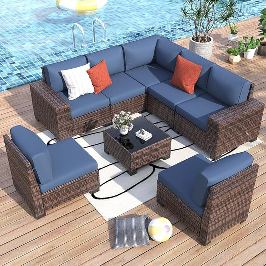 Outdoor Patio Furniture Set, Wide Outdoor Sectional Rattan Sofa Set, Wicker Patio Conversation Set w/Cover for Deck, Poolside, Porch, 8 PC (Brown & Navy)