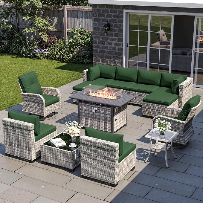 13-Piece Patio Furniture Set, Outdoor Patio Furniture with Swivel Chairs Set, Ottomans, 55,000 BTU Fire Pit Table, Modular Patio Sofa, Dual-Strand Wicker Rattan, Rust-Resistant Frame, Dark Green