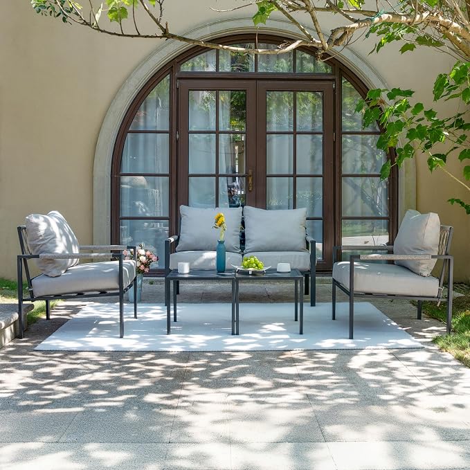 5 Pieces Rattan Outdoor Furniture Set, All-Weather Patio Conversation Set with Warm Grey Cushions and Coffee Tables for Garden, Backyard, Balcony, Poolside