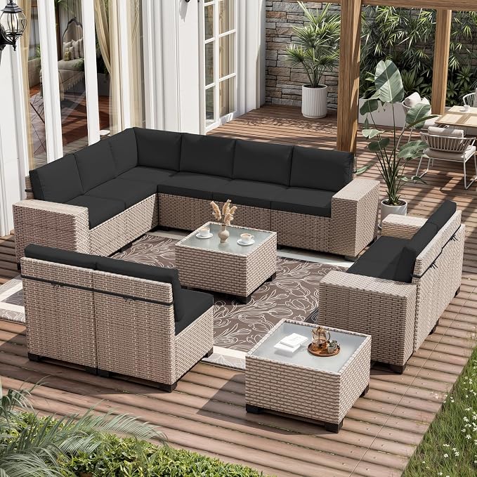 12 Pieces Patio Furniture Set, Outdoor Sectional Wicker Sofa with Thickened Cushions and Coffee Table, High Back Rattan Patio Conversation Sets for Garden Backyard, Black