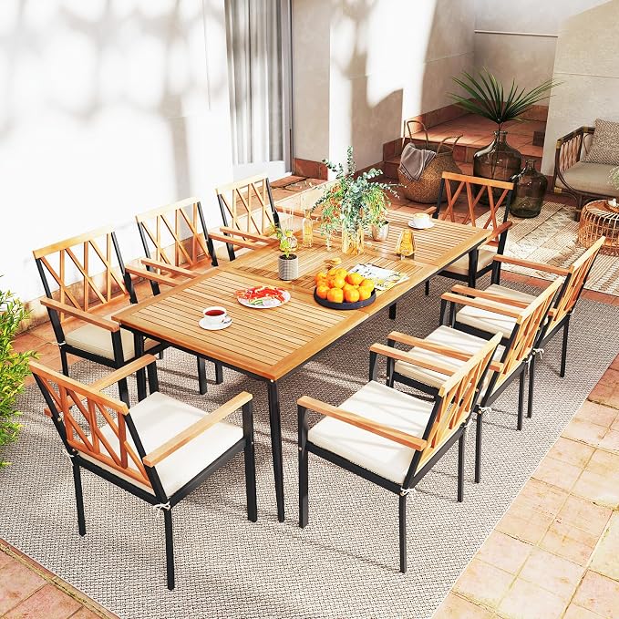 RELAX4LIFE Wooden Outdoor Dining Table for 8, 79’’ Acacia Wood Patio Table w/2’’ Umbrella Hole, Slatted Tabletop & Metal Legs, Indoor Outdoor Rectangular Picnic Table, 8-Person Patio Dining Table