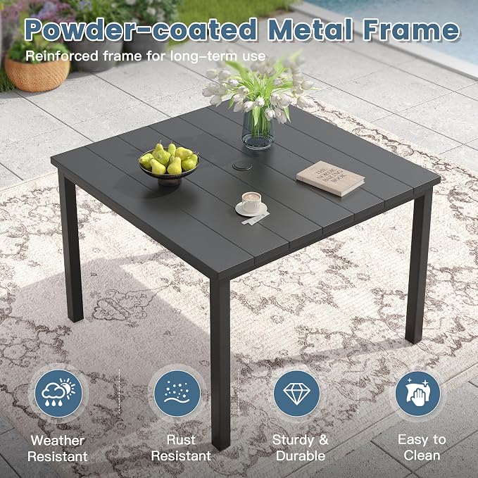 DIFY 5 Pieces Outdoor Patio Dining Set for 4, 40.2" Square Metal Dining Table and 4 Metal Stackable Dining Chairs, Outdoor Table and Chairs for Lawn Garden Poolside, Black