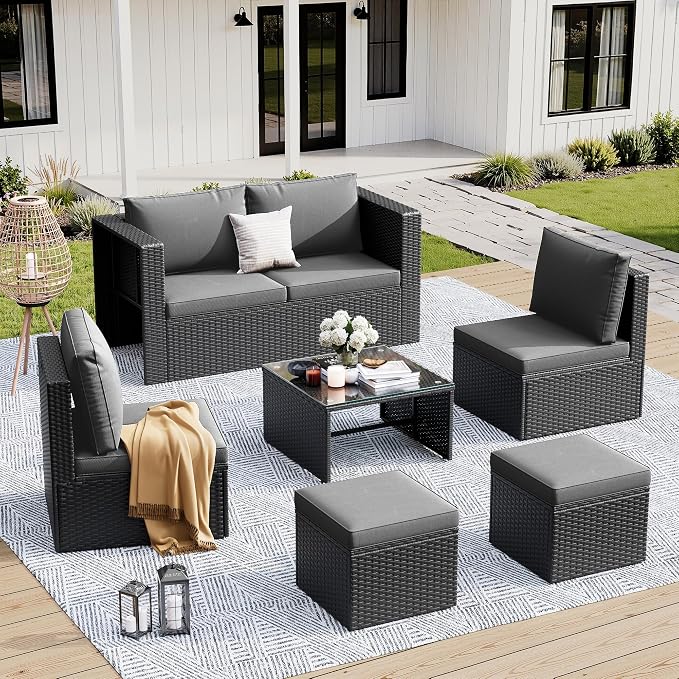 Amopatio Patio Furniture Set,All-Weather Wicker Outdoor Conversation Sofa Set with Glass Coffee Table, Cushions & Ottomans for Deck Backyard Porch Lawn Black/Dark Grey