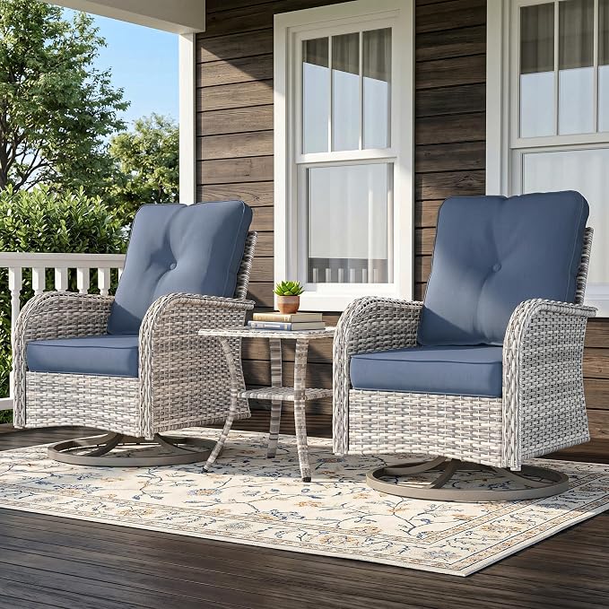 3-Piece Small Patio Furniture Set, Outdoor Swivel Rocking Chairs Set with Wicker Chairs and Tempered Glass Side Table, Outdoor Furniture Patio Bistro Set for Balcony, Deck, Porch