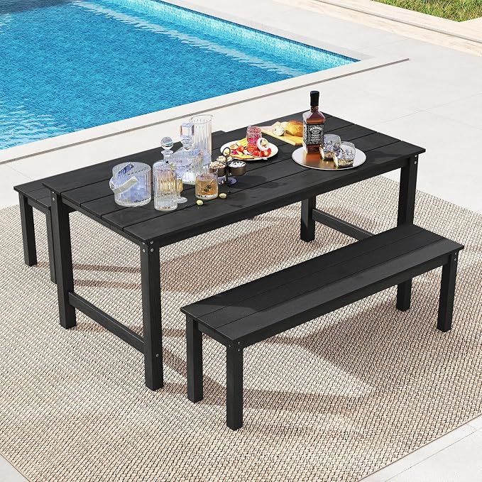 Tangkula HDPE Outdoor Dining Table for 6 Person, 67” Patio Table with Wood-Like Tabletop and Umbrella Hole, Weather-Resistant Rectangle Table for Garden, Backyard and Poolside (Black, 1 Table)