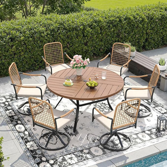 DIFY 7 Pieces Outdoor Dining Set, Metal Patio Table and Chairs Set for 6, 50" Round Dining Table with Umbrella Hole & Wicker Swivel Patio Chairs with Cushions, Walnut Tabletop