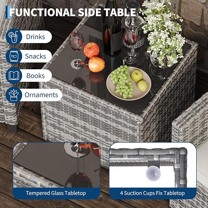 GarveeLife 3 Pieces Patio Furniture Set, PE Rattan Patio Conversation Set with Tempered Glass Tabletop, Outdoor Wicker Chairs and Table Set for Patio Balcony Garden, Grey and Beige
