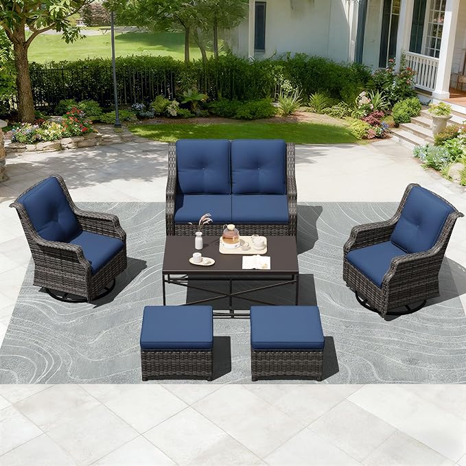 Outdoor Patio Furniture Set, 6 Piece Wicker Patio Furniture with Thick Cushions, Curved Armrest, Deep Seating, Outdoor Swivel Rocker Chairs for Porch, Deck, Balcony