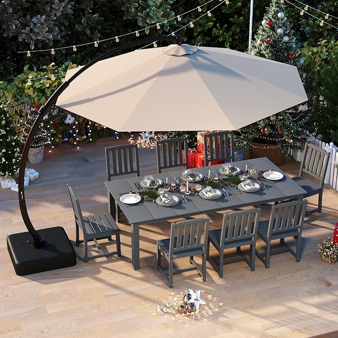 9-Piece Outdoor Dining Set with 11FT Umbrella for 8,Gray | 75.2'' HDPE table, chairs included, weather-resistant furniture with hole, ideal for lawn, poolside, yard, garden, deck