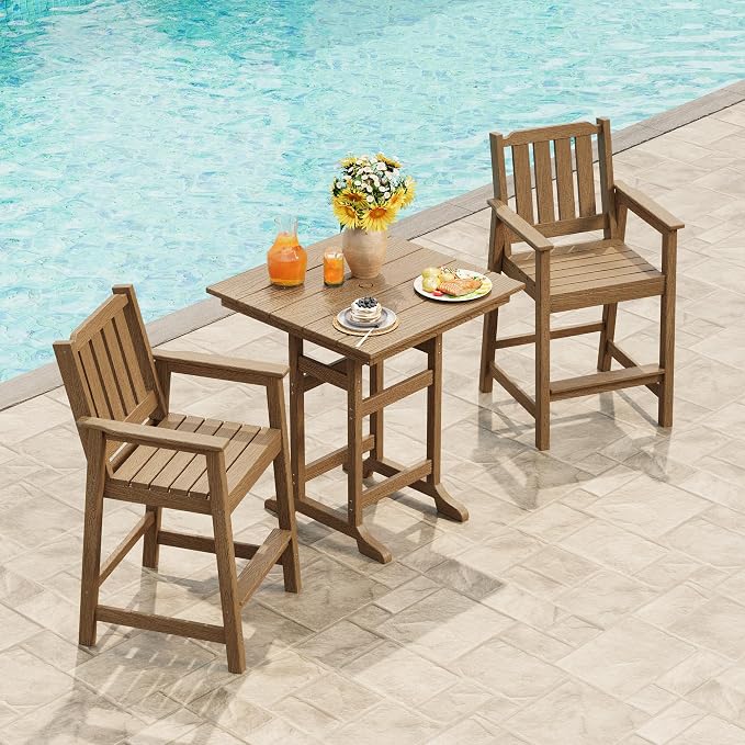 GarveeLife Outdoor Counter Height Bar Dining Table, HDPE Wood Grain Tall Bar Table – 39.6" High Square Pub Table, Cocktail Bistro Table Fits, for Patio, Garden, Poolside, Balcony & Yard (Brown)