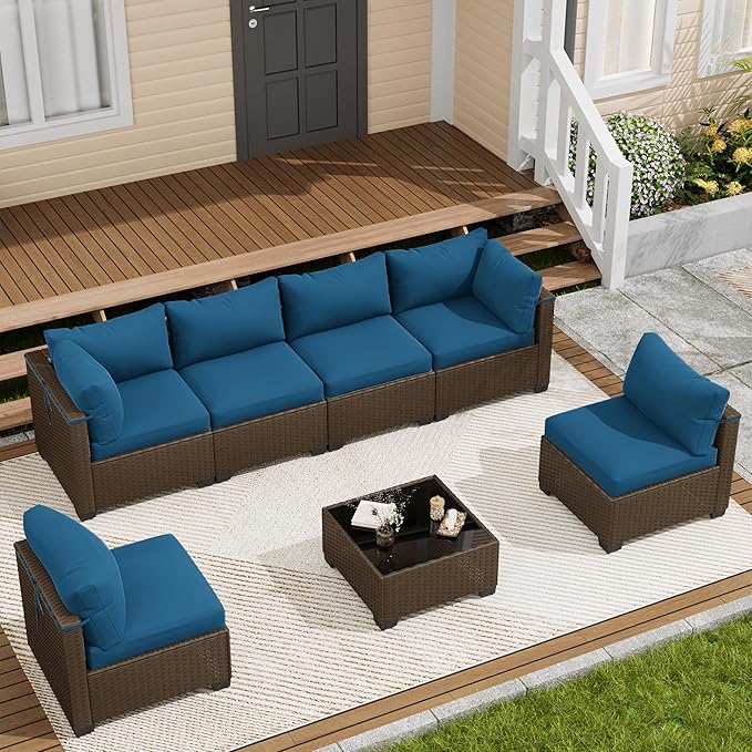 LOUVIXA 7 Piece Outdoor Patio Furniture Set, Outdoor Sectional Sofa, Wicker Rattan Patio Furniture, Patio Conversation Set with Coffee Table & Cushions