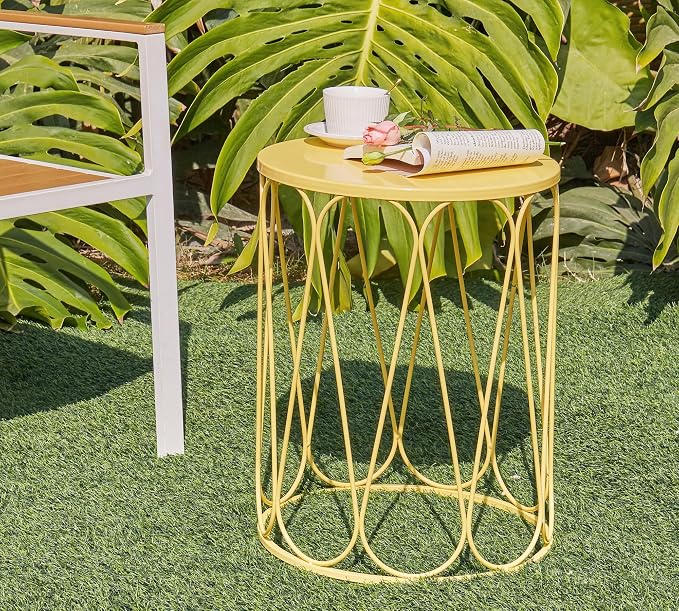 HFHOME Set of 3 Metal Outdoor Side Table, Round Coffee Table for Indoor Outdoor, Heavy Duty End Tables Plant Stand Garden Stool- Yellow