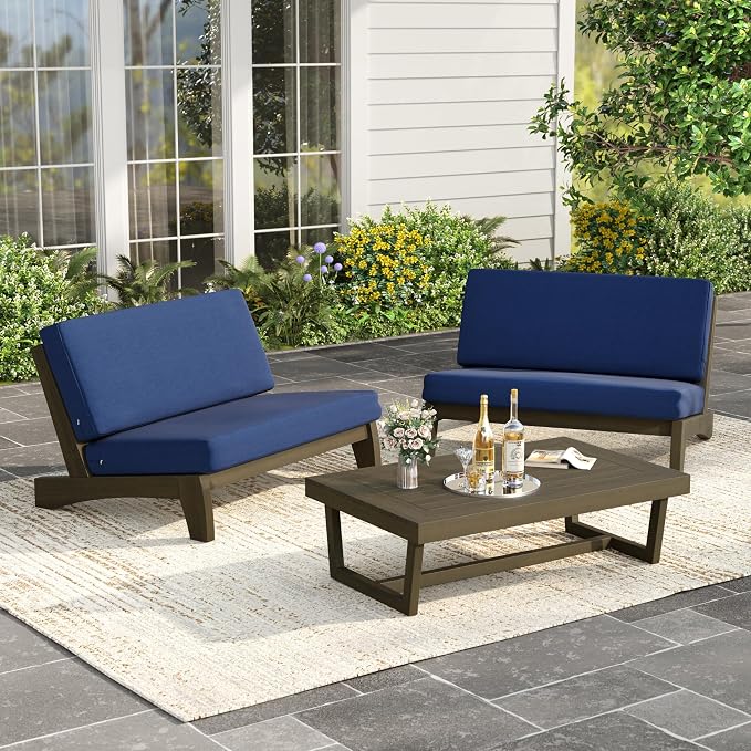 Wood Patio Furniture Sets, 3 Pieces All Weather Patio Loveseat Sofa Outdoor Sectional Futniture Backyard Conversation Set with Solid Wooden Coffee Table - Navy Blue