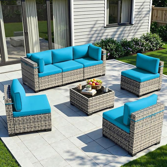 7-Piece Patio Furniture Set, Outdoor Sectional with Thick Cushions, Modular Patio Sofa, Dual-Strand Wicker Rattan, Rust-Resistant Frame, Backyard Furniture for Garden, Deck, Blue