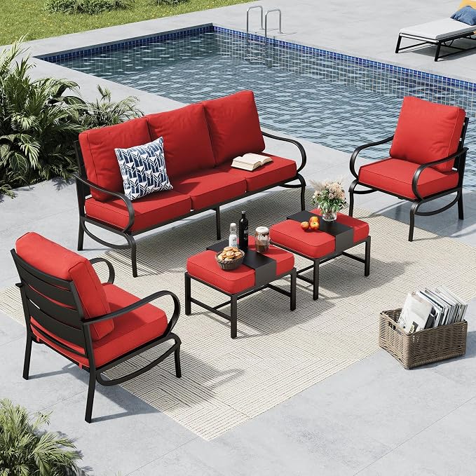 MFSTUDIO 5 Pieces Patio Conversation Sets, 7 Seats Metal Patio Furniture Sets with 1 x 3-Seat Sofa, 2 x Sofa Chairs, 2 x Ottoman, All Weather Steel Patio Sets with 5.75inch Red Cushion for Garden