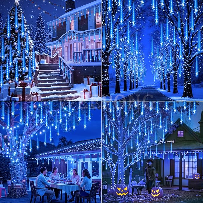Weepong Christmas Lights Outdoor 32 Tubes 768LEDs Meteor Shower Lights Blue | UL Certified Snow Falling Rain Drop Icicle String Light for Xmas Tree Halloween Decorations Wedding Party Garden Decor