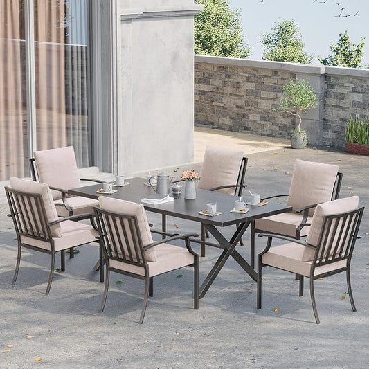 Kurapika 7-Piece Outdoor Dining Set, Includes 1 Large Metal Table with Umbrella Cutout and 6 Fixed Metal Chairs, for Decks, Yards, Gardens, Porches, Sand