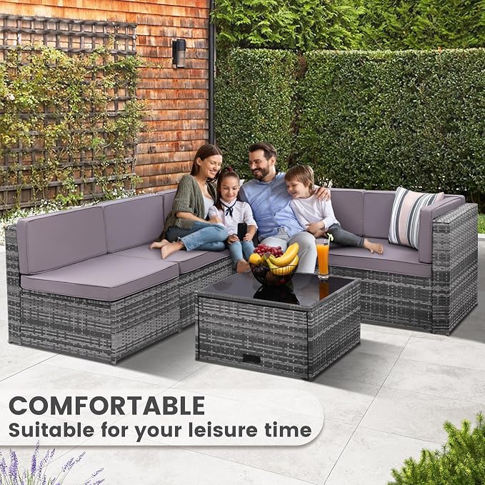 KROFEM 8 Piece Patio Furniture Set, Outdoor Modular Conversation Set, Grey | UV Treated Wickers, Machine Washable Cushions, Seats 6, 2 Hidden Storage Compartments, Rustproof Frame, Waterproof