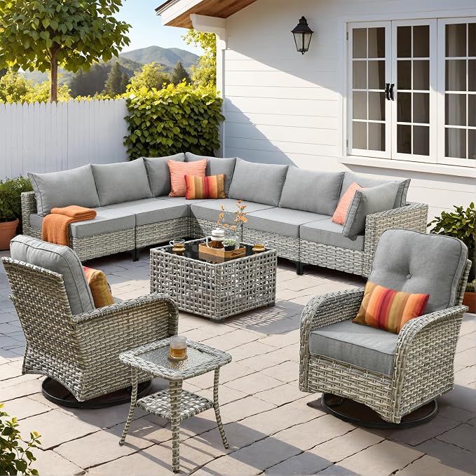 10 Pieces Wicker Patio Furniture Set,Outdoor Sectional Sofa with Swivel Chairs Coffee Table,Outside Deep Seat Rattan Couch Conversation Set,Dark Grey