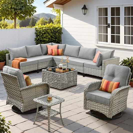 10 Pieces Wicker Patio Furniture Set,Outdoor Sectional Sofa with Swivel Chairs Coffee Table,Outside Deep Seat Rattan Couch Conversation Set,Dark Grey