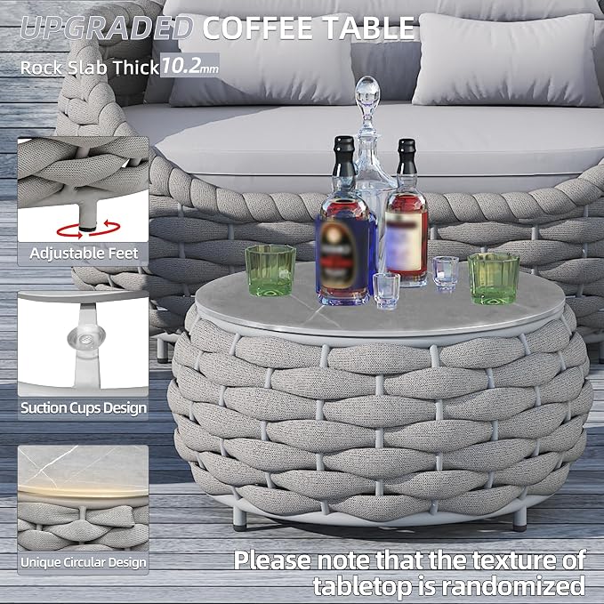 TWT Aluminum Modern Patio Set Three Seater Sofa Outdoor Furniture Set w/Coffee Table,Patio Conversation Set with Hand Woven Teslin Rope for Bedroom Backyard Poolside, Light Grey