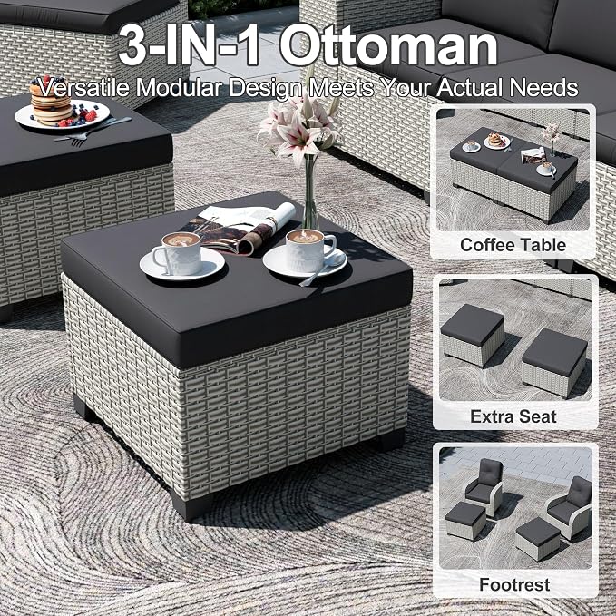 11-Piece Outdoor Patio Furniture Set, Modular Sectional Sofa Set with Swivel Rocker Chairs & Ottomans, Wicker Outdoor Couch Conversation Sets w/Coffee Table and Cushions, Black
