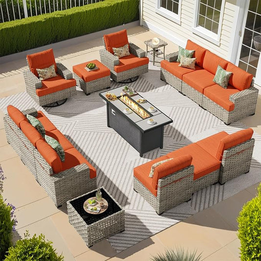 CAODOC 15-Piece Outdoor Sectional Sofa Set w/ 54" Fire Pit – L-Shaped Wicker Patio Furniture, Deep Seating & Swivel Rockers, Red