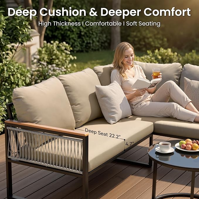 7-Piece L-Shaped Outdoor Sectional Sofa Set with Nesting Table | Hand-Woven PE Wicker, All-Weather Steel Frame, 4.3-Inch Thick Removable Cushions, Glass Coffee Table, Patio Conversation Set