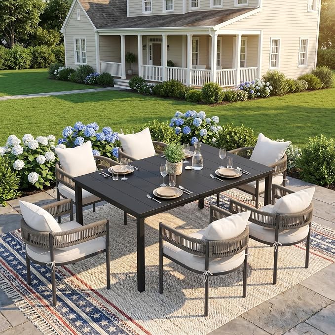 VICLLAX Patio Dining Set for 6-63" Rectangle Table & Cushioned Seats, Black