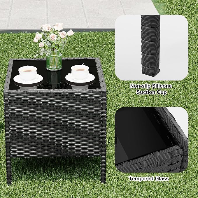 3-Piece Patio Conversation Set – Modern Outdoor PE Rattan Sofa, Glass Coffee Table, Soft Cushions – Ideal for Balcony, Porch, Poolside – Black Rattan/Ivory Seat Cushion