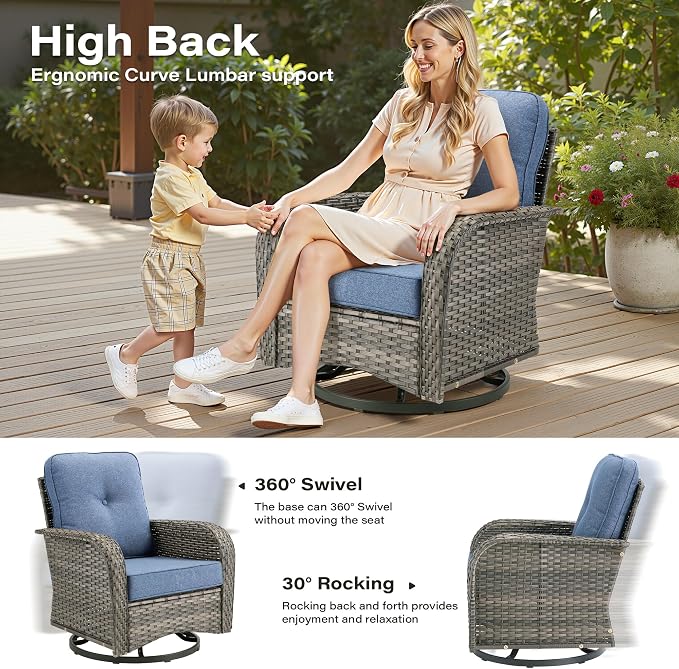 8 Pieces Patio Conversation Sets,Patio Furniture Set with Swivel Rocking Chairs,Coffee Table, Side Table, All Weather Rattan Wicker Outdoor Sectional Furniture Set for Porch Balcony Backyard Blue