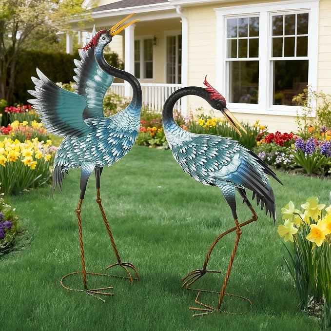 36.8" Metal Crane Statue, Blue Heron Decor Handcrafted | Garden Bird Animal Yard Art with Stable U-Ground Stakes, Lawn Ornament Decor
