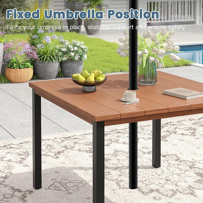DIFY 5 Pieces Outdoor Dining Set, Metal Patio Table and Chairs Set for 4 with Umbrella Hole, 40.2" Walnut Square Table and Brown Textilene Swivel Patio Chairs for Garden, Backyard, Poolside