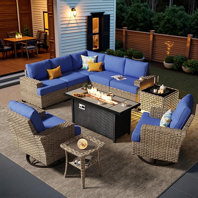 HOOOWOOO Sectional Patio Furniture Set with Fire Pit Table,10 Pieces Wicker Outdoor Furniture L Shaped Couch,Outside Conversation Set Extra Deep Seat Sofa Wide Arm Swivel Chairs Solar Table,Navy Blue