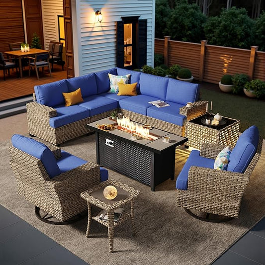 HOOOWOOO Sectional Patio Furniture Set with Fire Pit Table,10 Pieces Wicker Outdoor Furniture L Shaped Couch,Outside Conversation Set Extra Deep Seat Sofa Wide Arm Swivel Chairs Solar Table,Navy Blue