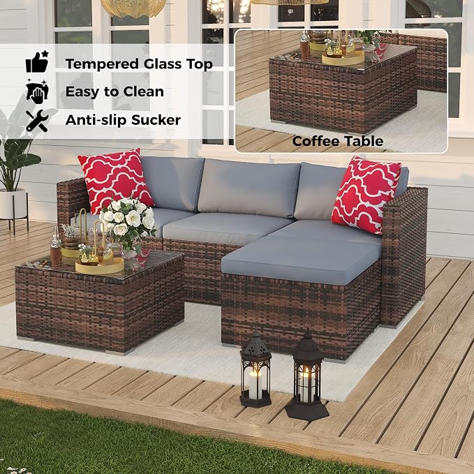 Patio Furniture Set 4 Pieces, Outdoor Patio Furniture Set with Rattan Wicker Chairs, Glass Table and Cushions for Porch, Balcony, Backyard, Garden, Poolside, Brown & Red (Brown + Light Grey, 5 Pieces)