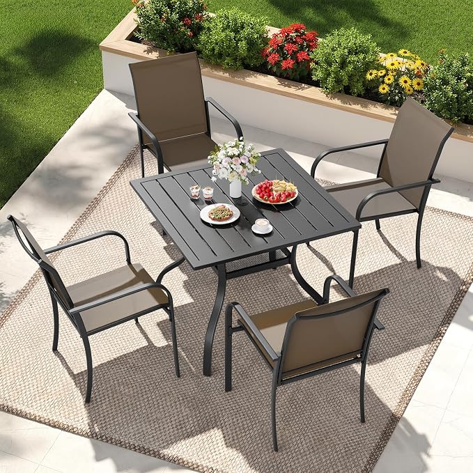 Incbruce 5 Pieces Patio Dining Set, Outdoor Dining Set of 4 Textilene Chairs and Square Table with Umbrella Hole for Backyard, Garden, and Poolside (Brown)
