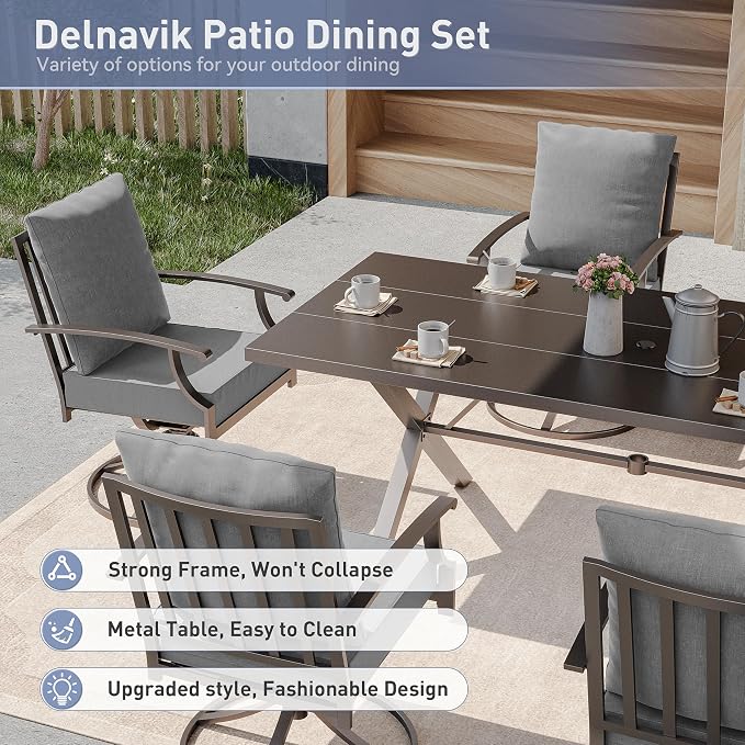 Kurapika 7 Pieces Patio Dining Set Outdoor Furniture with 6 Swivel Chairs, Metal Patio Furniture Set 6 Chairs and Large Table with Umbrella Cutout for Yard Porch Deck, Grey